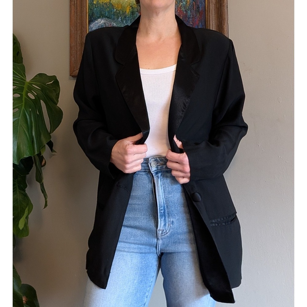 Vintage Clio Blazer Womens Large Black Satin Lapel Tuxedo Oversized Shoulder Pad